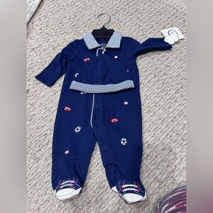 ☃️Little Me Navy Blue Footie with Striped Collar- sports balls all over